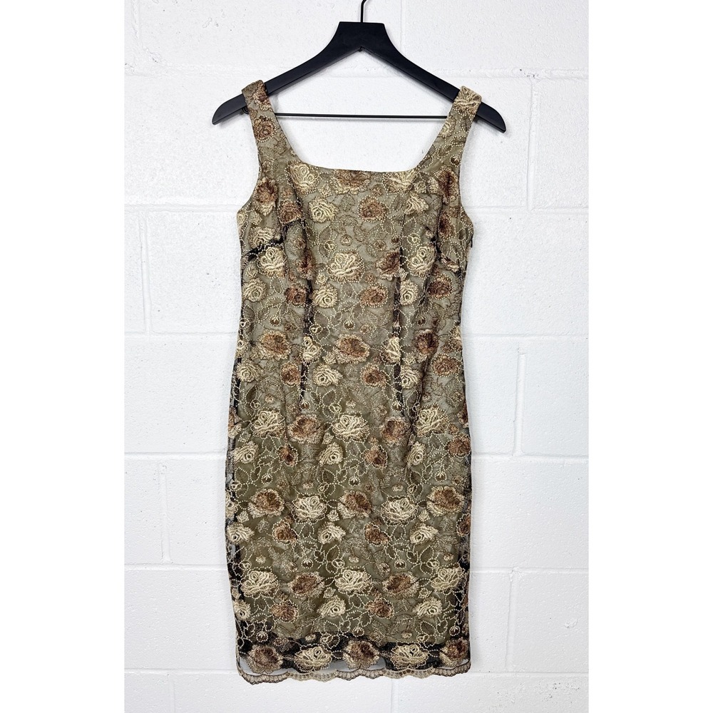 Vintage Cache Lace Floral Sheath Dress Size‎ 6 Gold Brown Square Neck Sleeveless